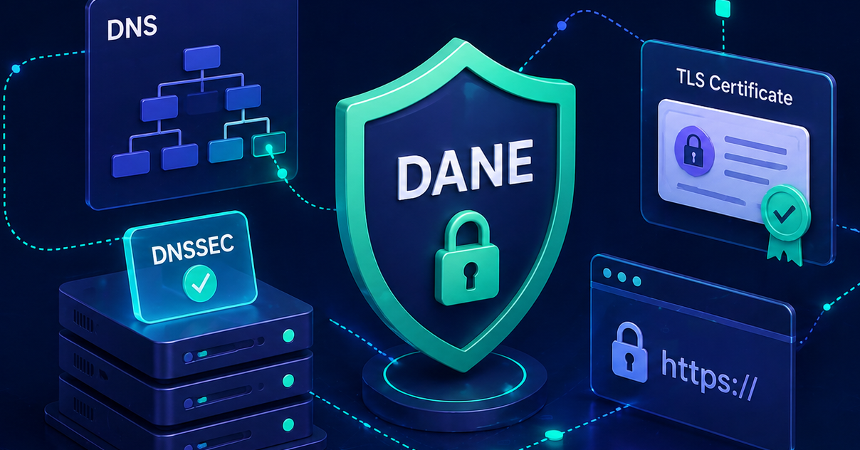 DANE — TLS certificates anchored in DNS via TLSA records, secured by DNSSEC